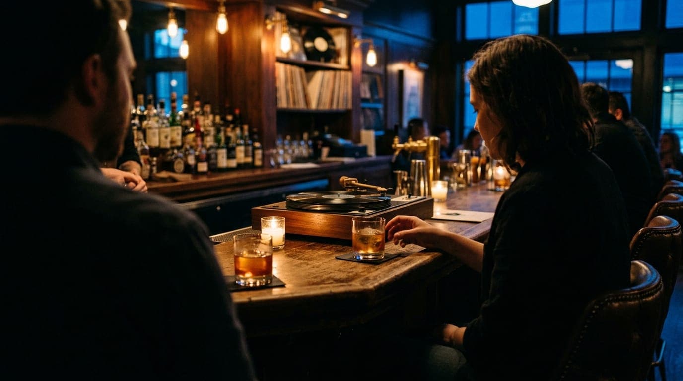 Over-the-shoulder perspective at Dante’s HiFi, featuring two leather bar stools, a spinning vinyl record, and two half-pou...