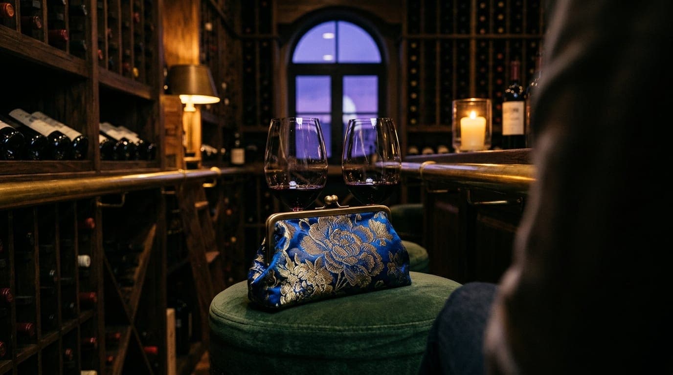 Macro, over-the-shoulder shot at a dimly lit Miami wine cellar. A designer silk clutch sits on a velvet stool beside two h...
