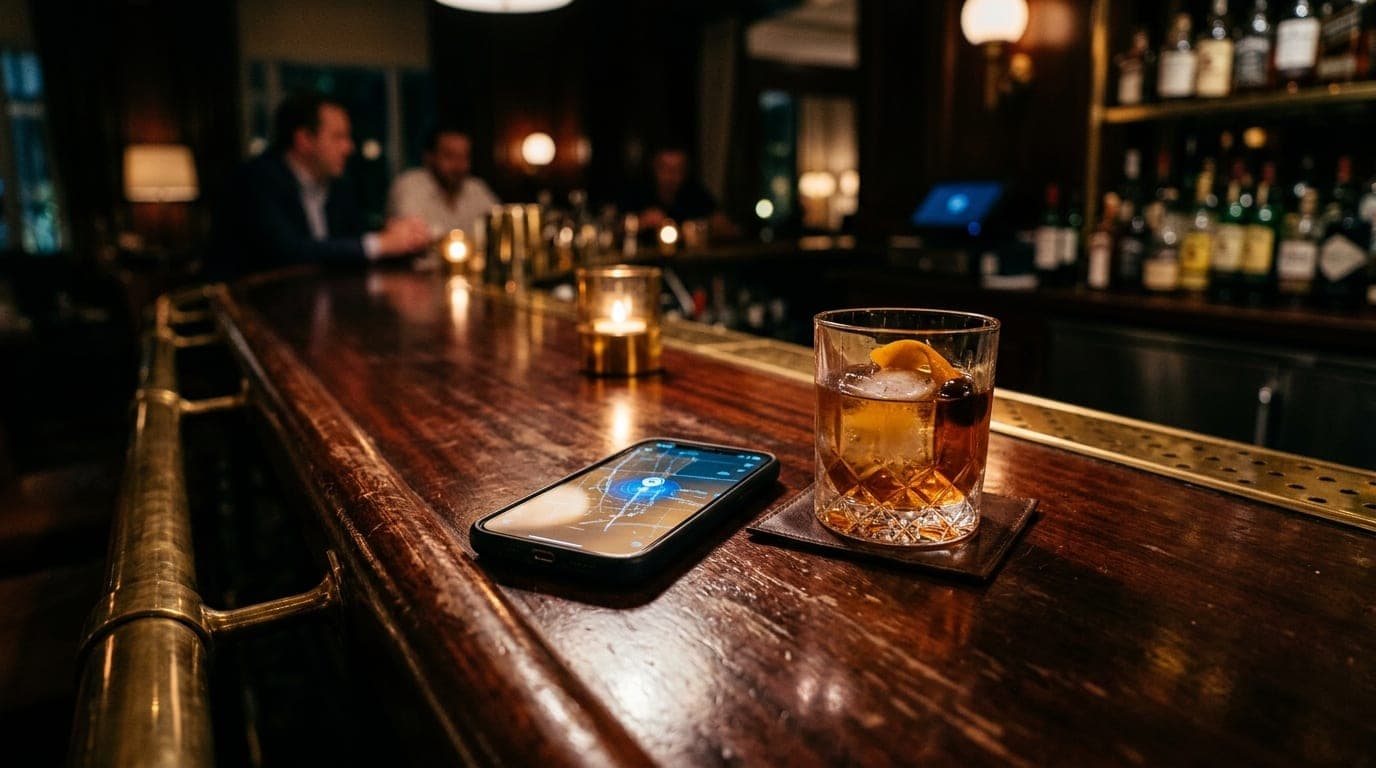 A low-angle shot from the edge of a mahogany bar at a dimly lit Fontainebleau lounge. A single cocktail sits beside an ope...