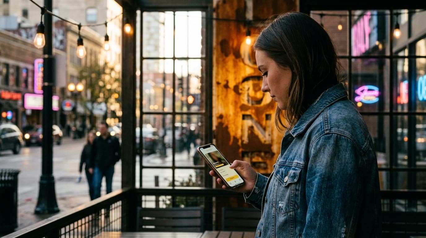 A woman in a denim jacket stands at the Fair to Midland patio, holding a smartphone showing a Bumble profile. Natural noon...