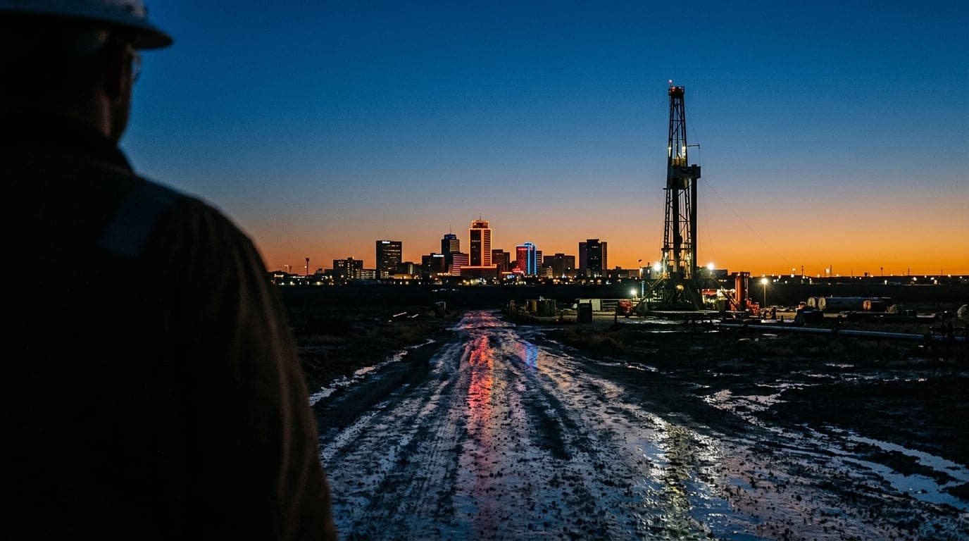 The neon glow of the Midland tower reflects off a rain-slicked oilfield service road at blue hour, framing the sprawling,...