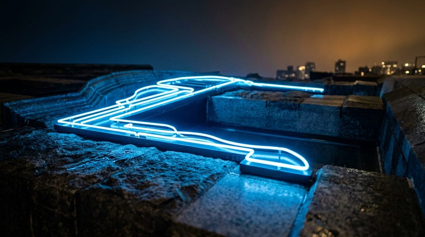 A low-angle, 100mm macro shot captures the intricate, glowing blue neon trim of an upscale Midland lounge entrance at midn...