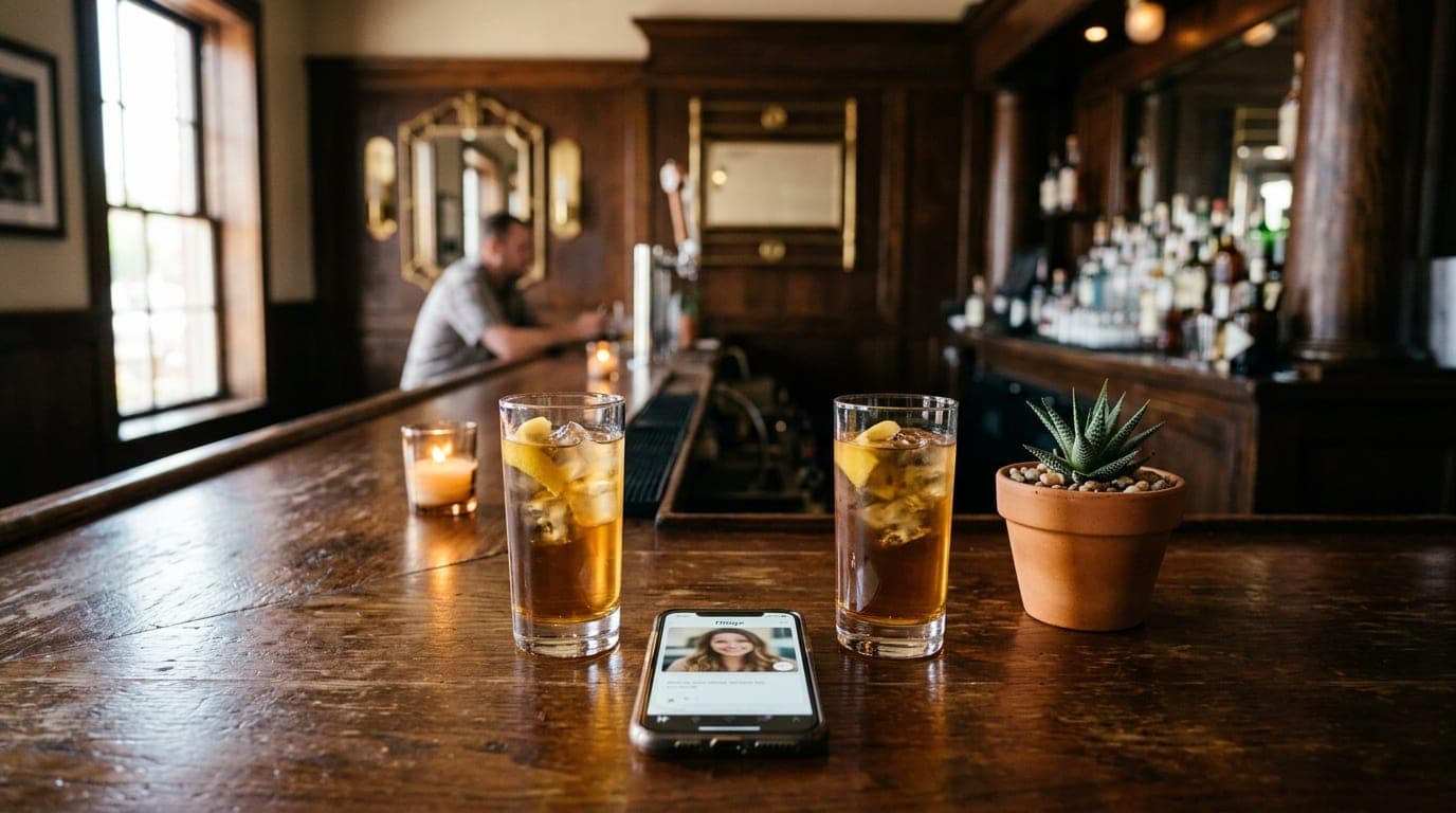 Centered symmetric 24mm shot at a polished wooden bar. Two highball glasses with amber liquid sit near a smartphone showin...