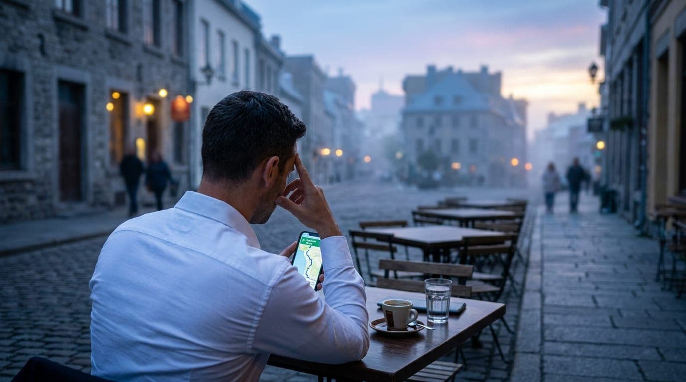 Over-the-shoulder, tilt-shift view of a man in a crisp white button-down shirt sitting at a quiet cafe table, phone displa...