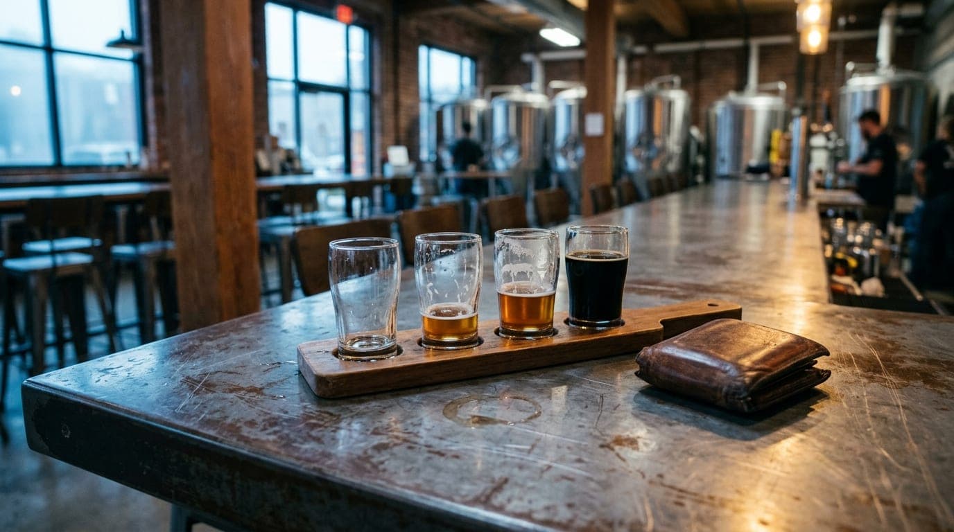 Low-angle hero shot of a half-empty craft beer flight and a single leather wallet resting on a scarred metal bar top at Ta...
