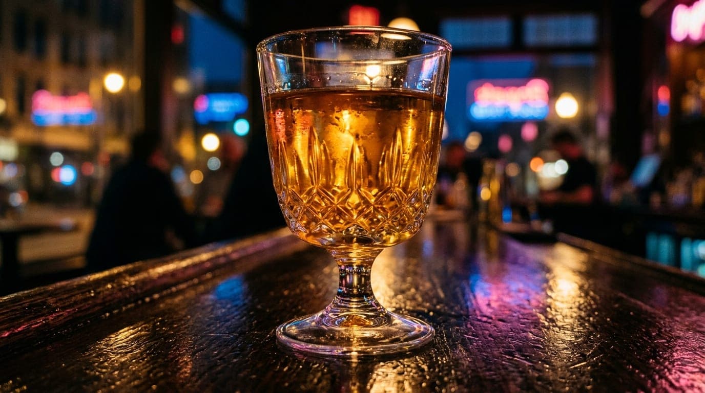 Extreme 100mm macro shot of a single crystal cocktail glass on a dark, polished wood bar at Bryant’s. Warm golden amber li...