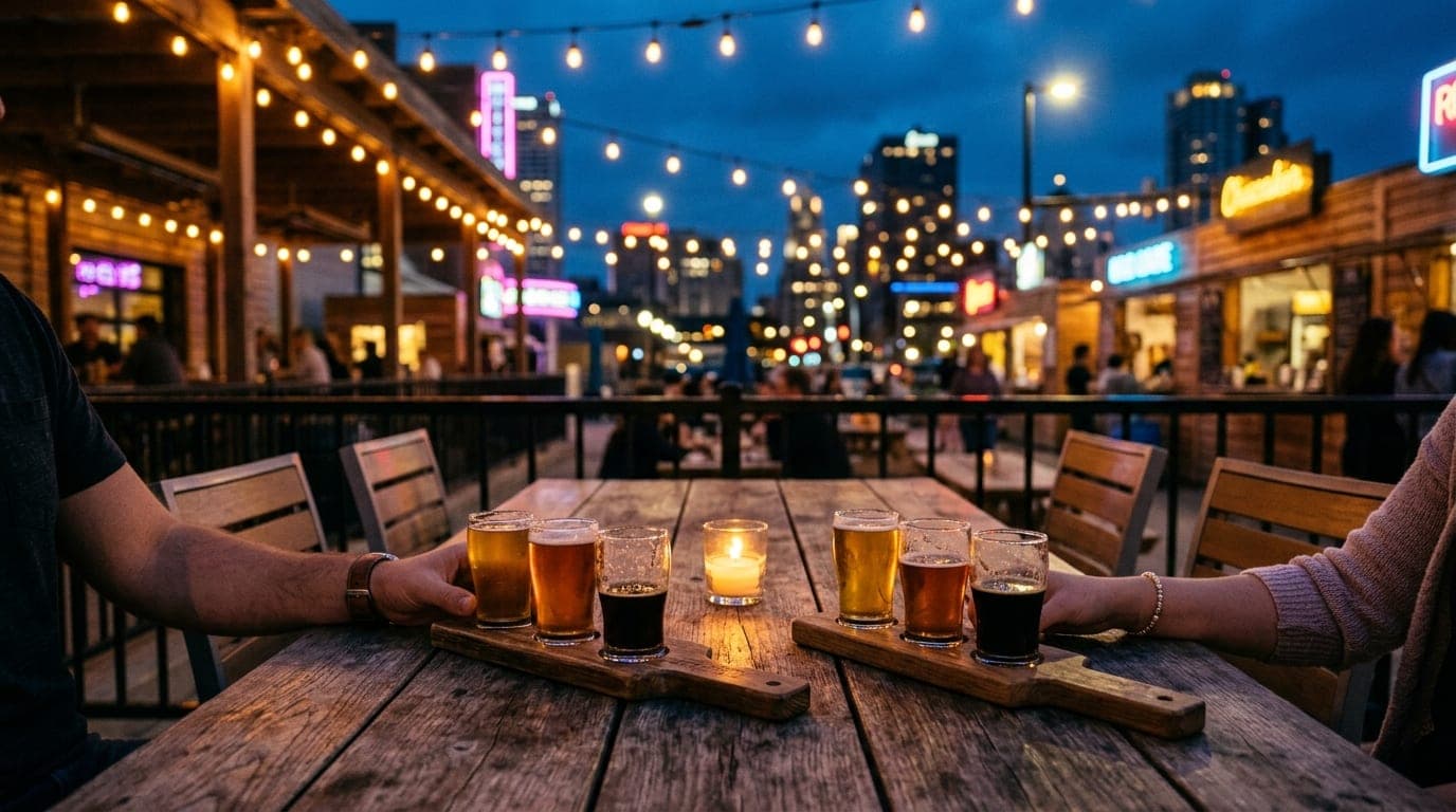 A medium shot, centered and symmetric, captures a pair of half-empty craft beer flights on a rustic wood table at an outdo...