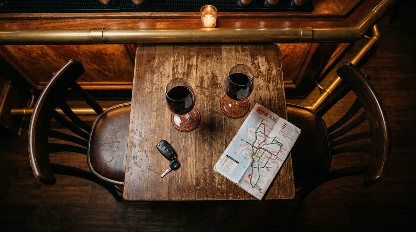 Overhead flat-lay of two empty chairs at a dim, wooden Miramar bar. Two half-poured glasses of wine sit on coasters, next...