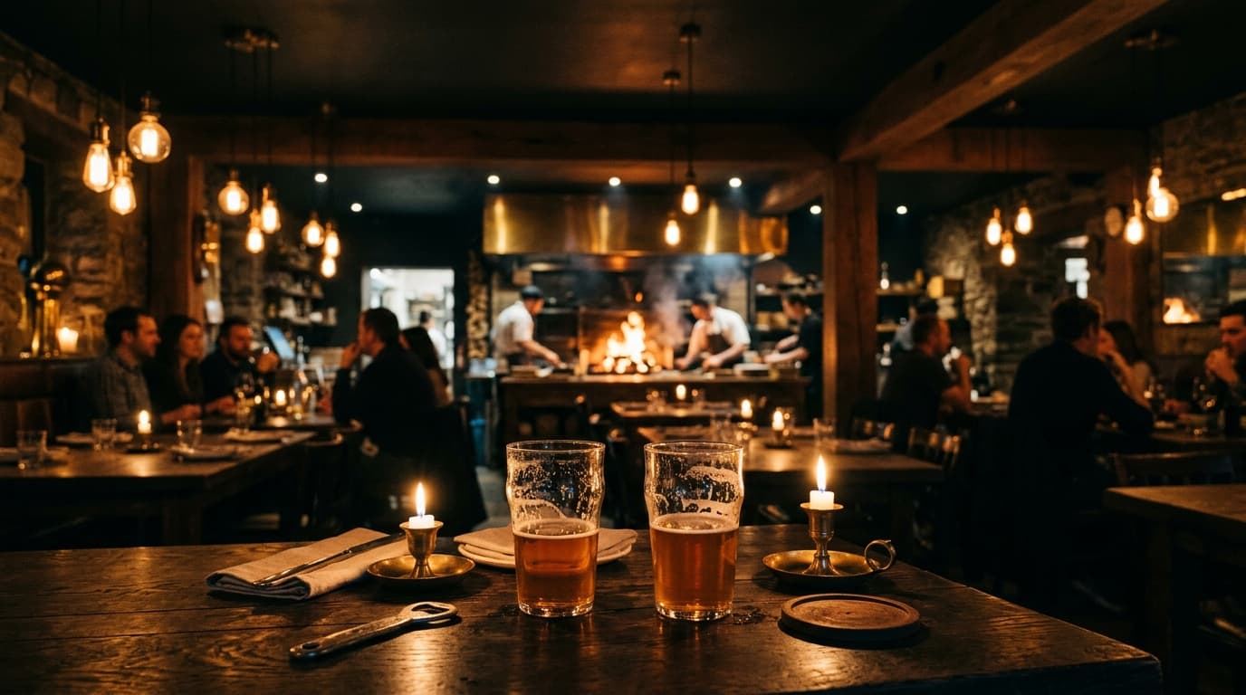 A wide shot of a rustic, wood-fired grill interior at dusk. A pair of half-empty craft beer glasses sits on a dark oak tab...
