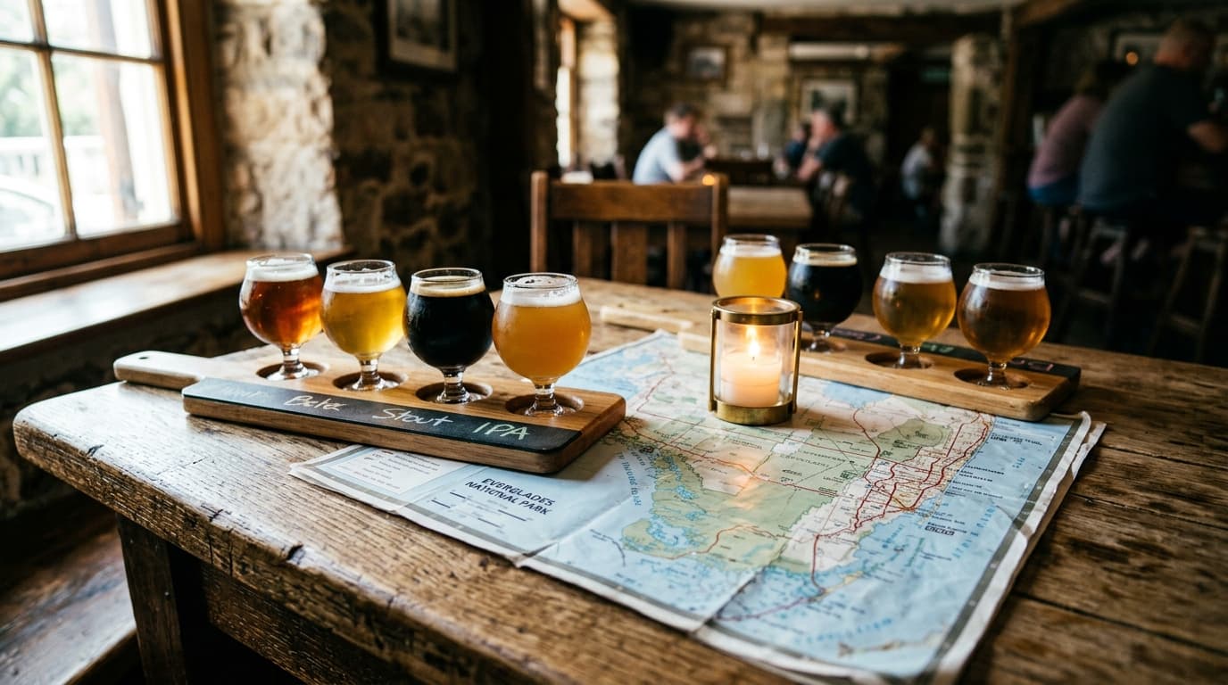 A photorealistic close-up of a rustic wooden pub table holding two open craft beer flight paddles and a scattered physical...