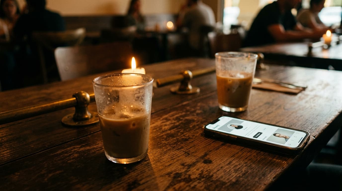 A 35mm documentary shot at a sun-drenched Miramar Town Center café table. Two half-empty iced oat lattes sit beside a sing...