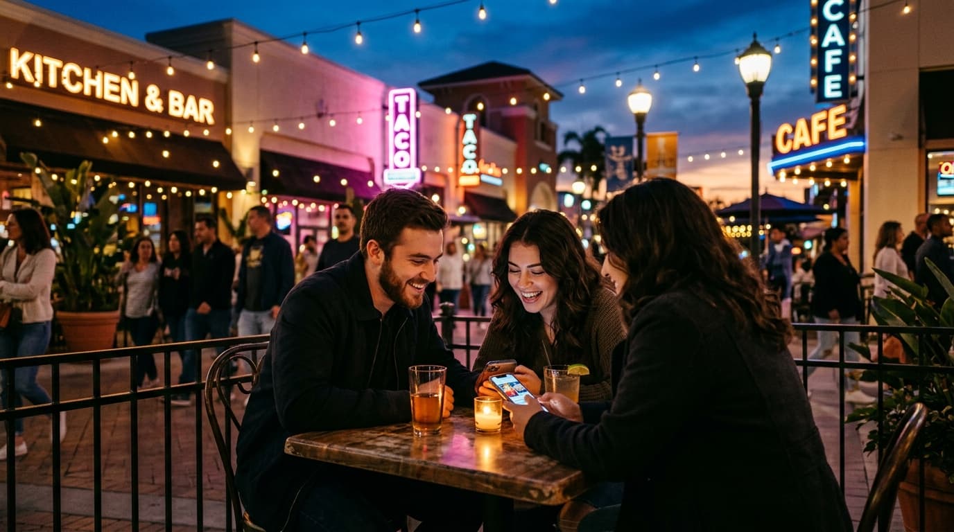 A couple sits at an outdoor table in the Miramar Town Center at blue hour, sharing a smartphone between them, with the sof...