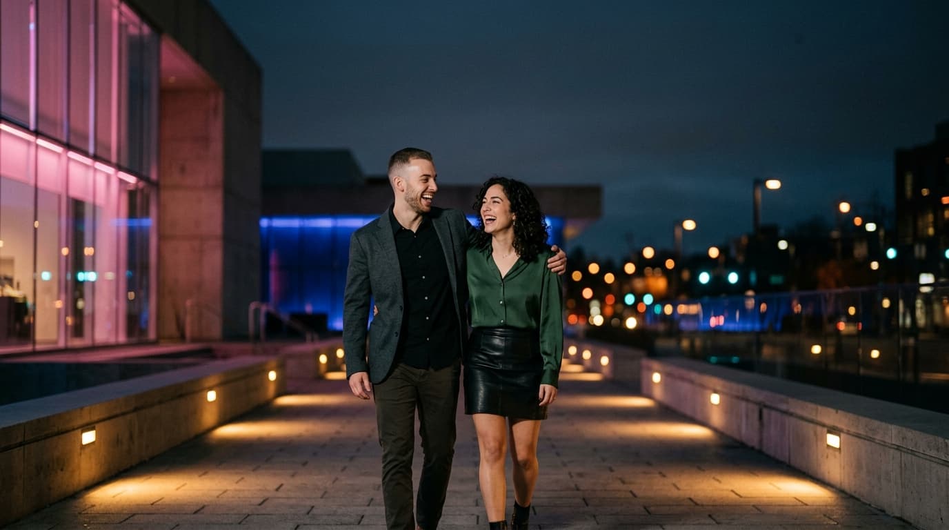 A couple laughing while walking through the illuminated walkways of the Miramar Cultural Center at night, wearing smart-ca...
