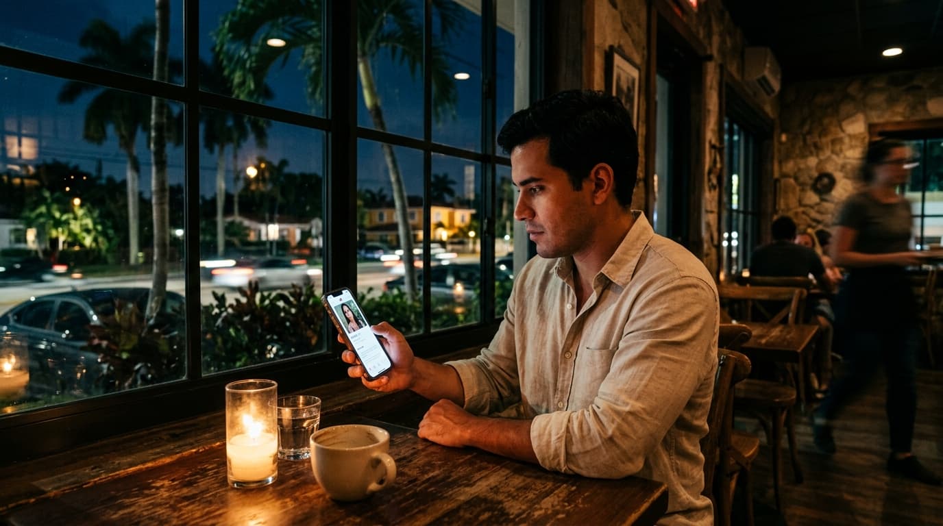 A man in a linen shirt sits in a candle-lit Miramar cafe, holding a smartphone showing a dating profile. Through the windo...