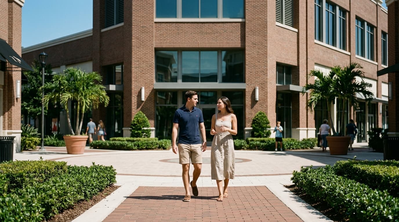 A centered 24mm wide-angle shot of a couple walking through the manicured plazas of the Miramar Town Center at noon. The b...