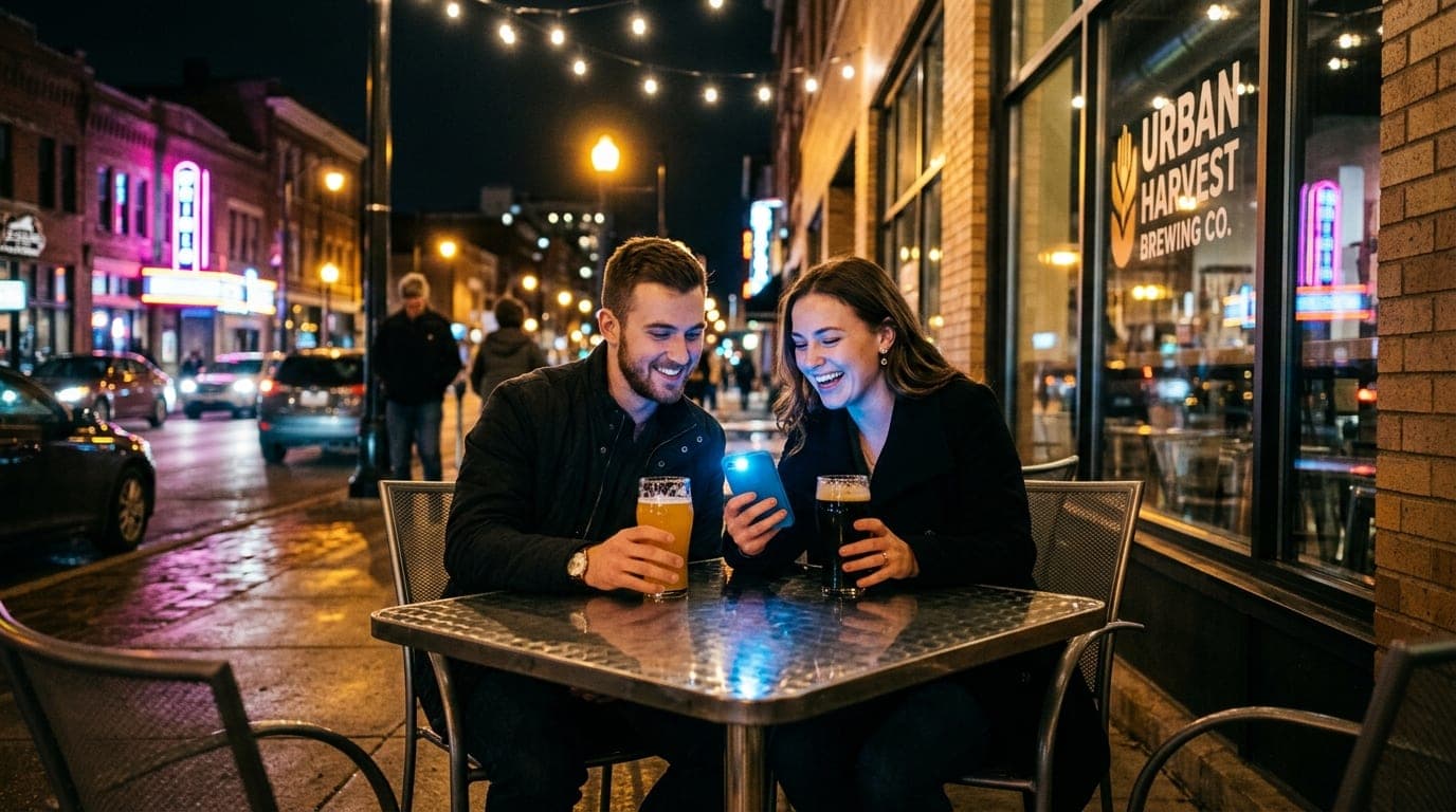 A couple sits centered at a metal table outside a lit brewery, holding glasses of beer. Through the window, the blue glow...