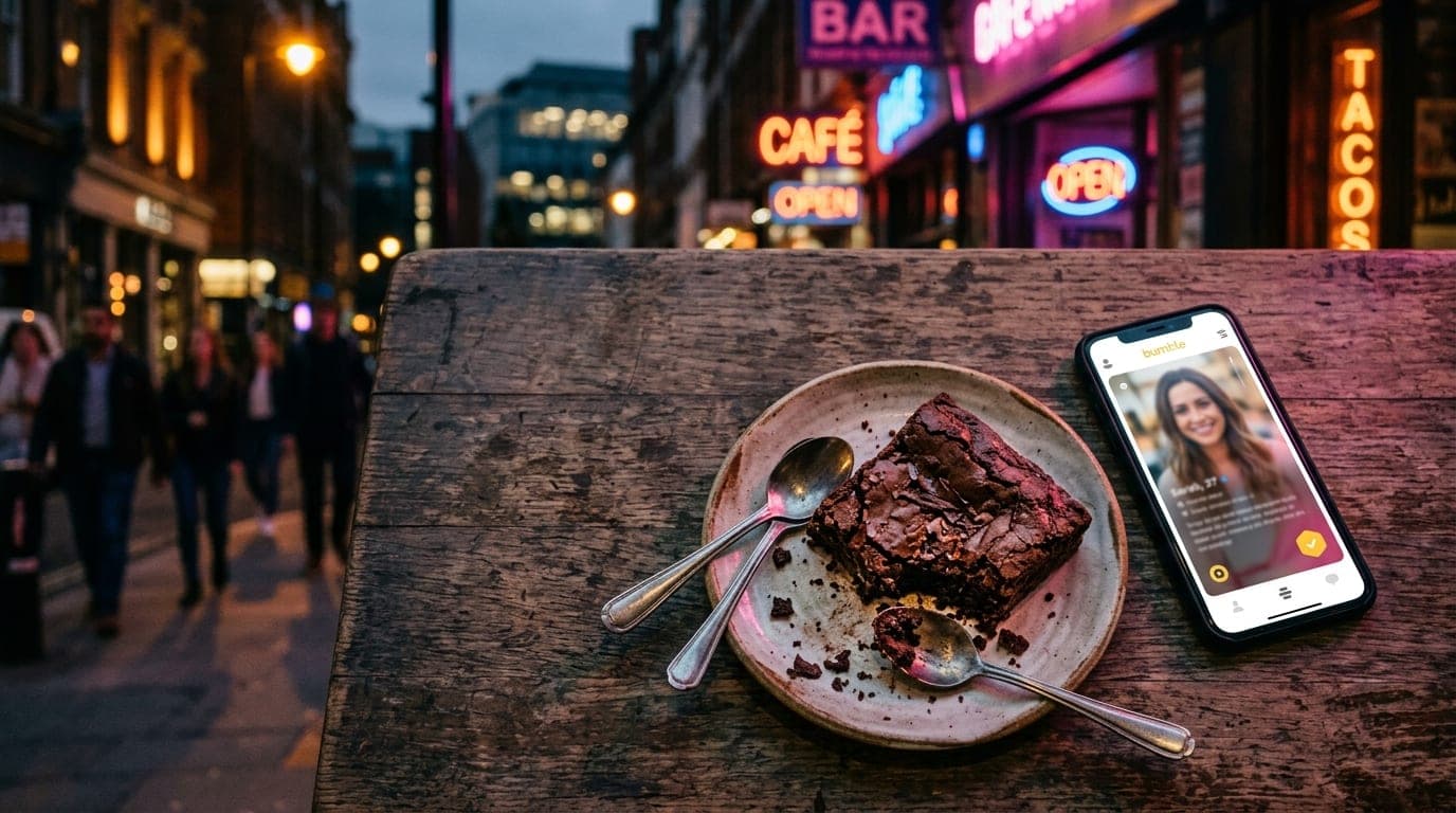 Overhead flat-lay on a weathered wooden cafe table. A half-eaten oversized brownie on a ceramic plate, two metal espresso...