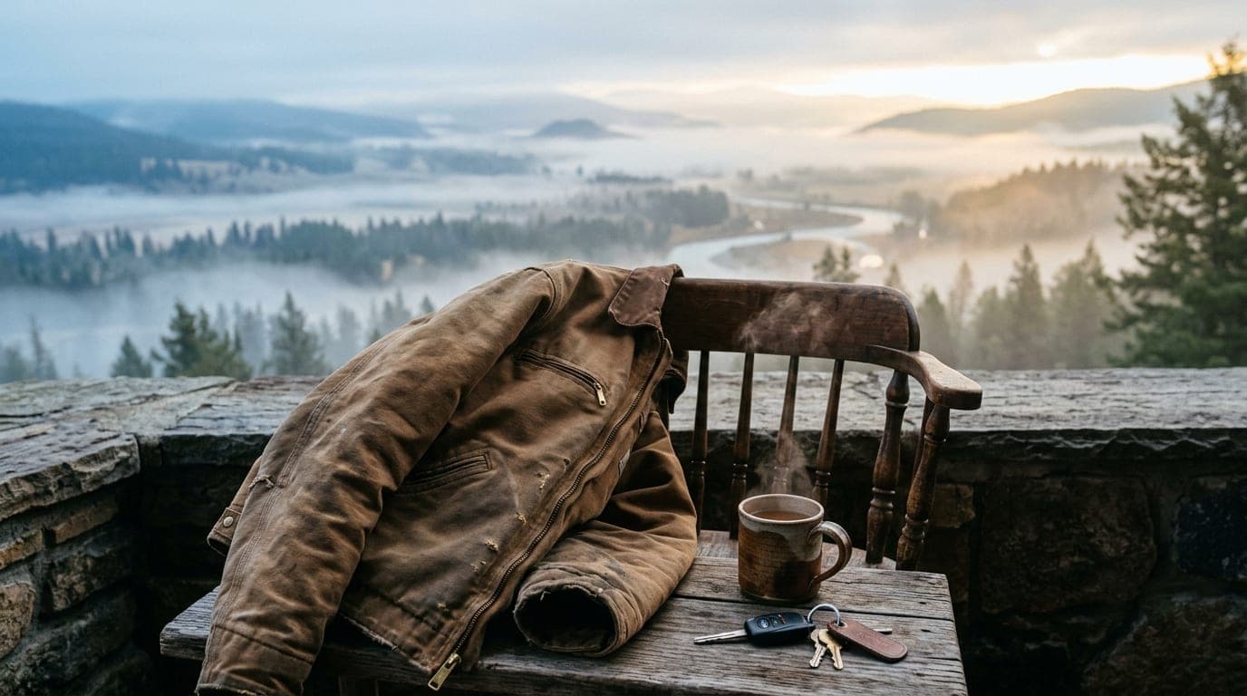 Overhead flat-lay, overcast morning. A worn Carhartt jacket draped over a wooden chair beside a steaming ceramic mug and a...