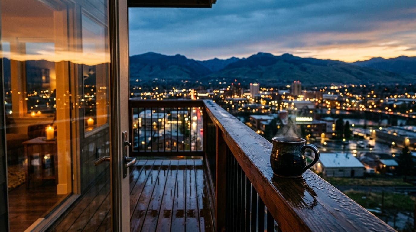 A medium shot of a rain-slicked balcony overlooking the Missoula city lights at dusk. A steaming ceramic coffee mug sits o...