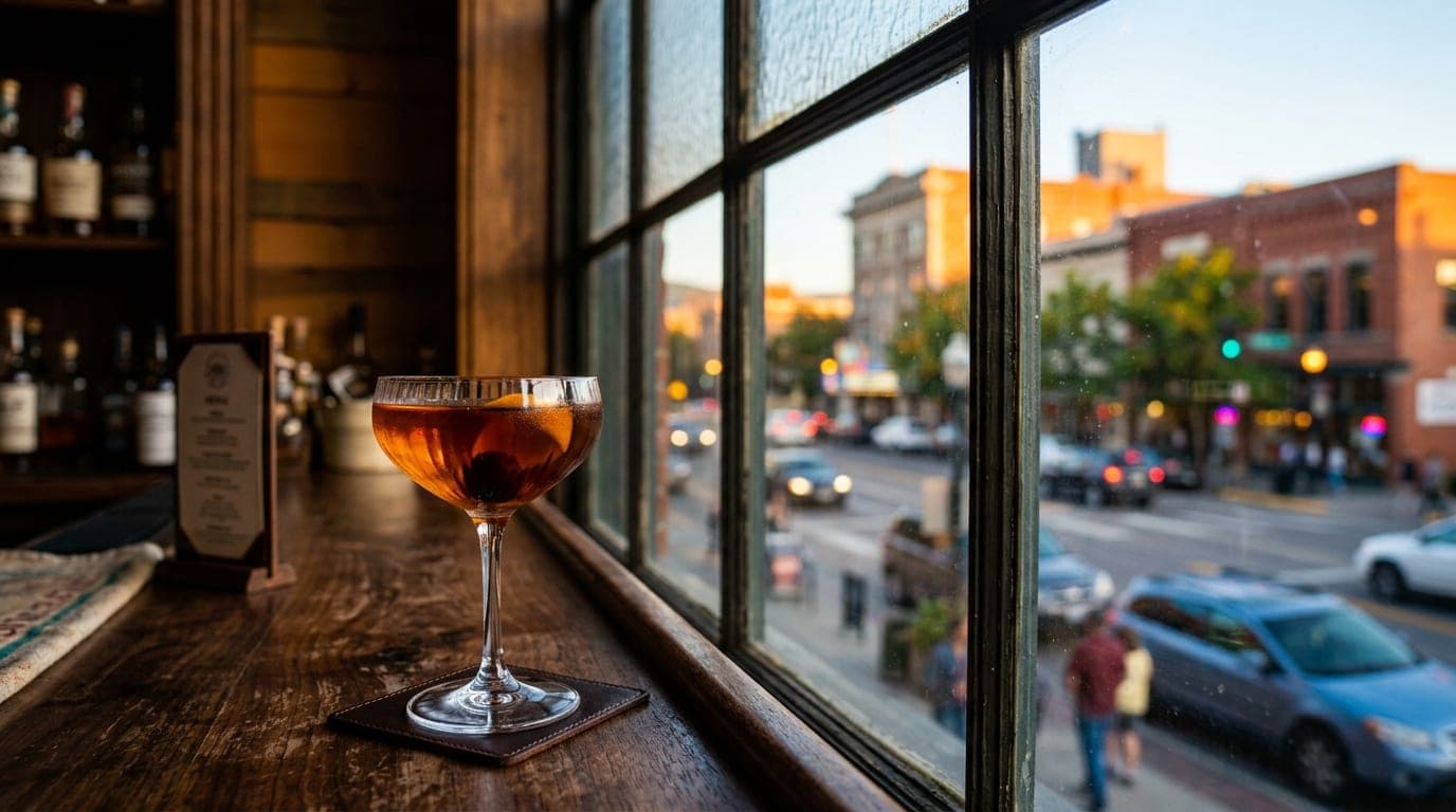 A close-up 85mm shot through a window at noon captures a polished cocktail glass on a dark wood bar at Montgomery Distille...