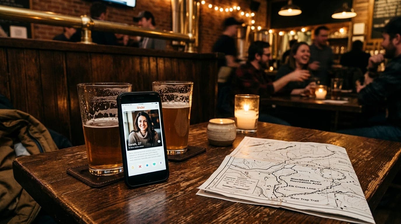 A warm, tungsten-lit booth at a downtown brewery. A smartphone displays a Tinder profile, resting beside two half-full pin...