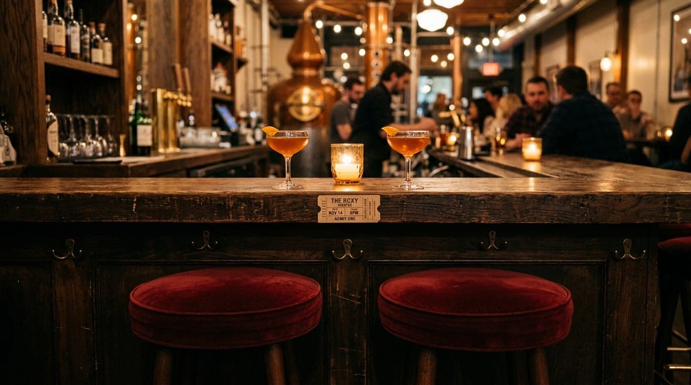 A medium shot inside Montgomery Distillery, showing two empty velvet barstools. Two amber cocktails sit on the dark wooden...