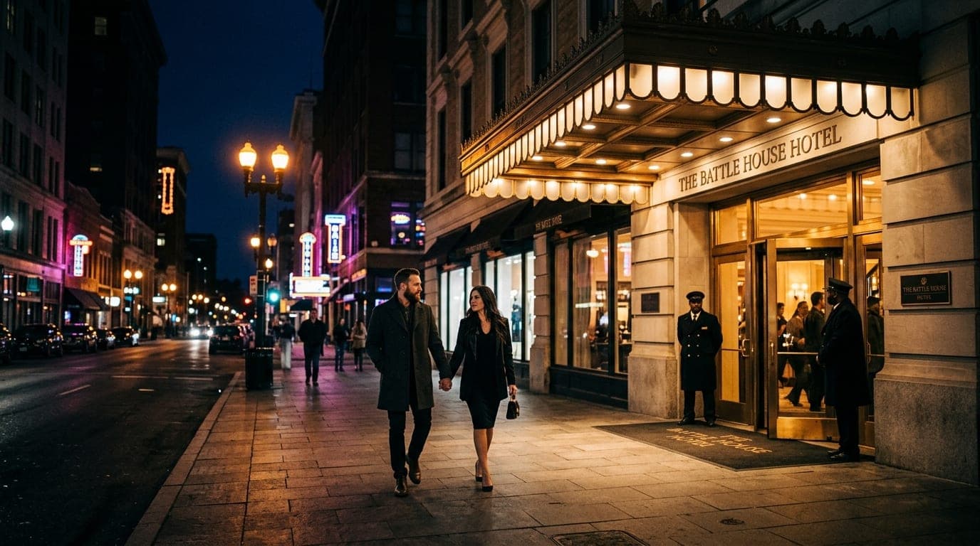 A wide shot shows a couple walking toward the Battle House Hotel entrance at night. Warm tungsten lights cast long shadows...