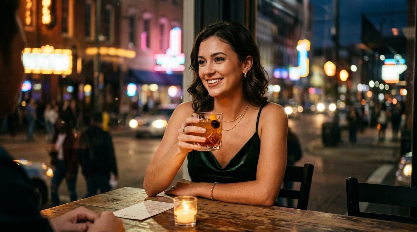 A candle-lit medium shot captures a woman in a velvet slip dress holding a crystal cocktail glass. Soft, blurred bokeh of...