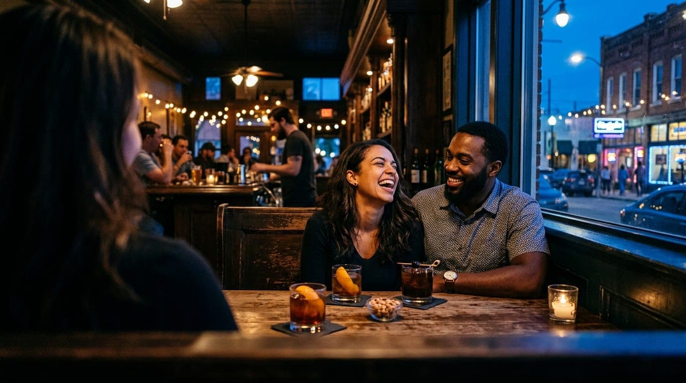 Blue hour, over-the-shoulder view from a shadowed corner booth in a LoDa cocktail bar. Selective focus draws the eye to a...