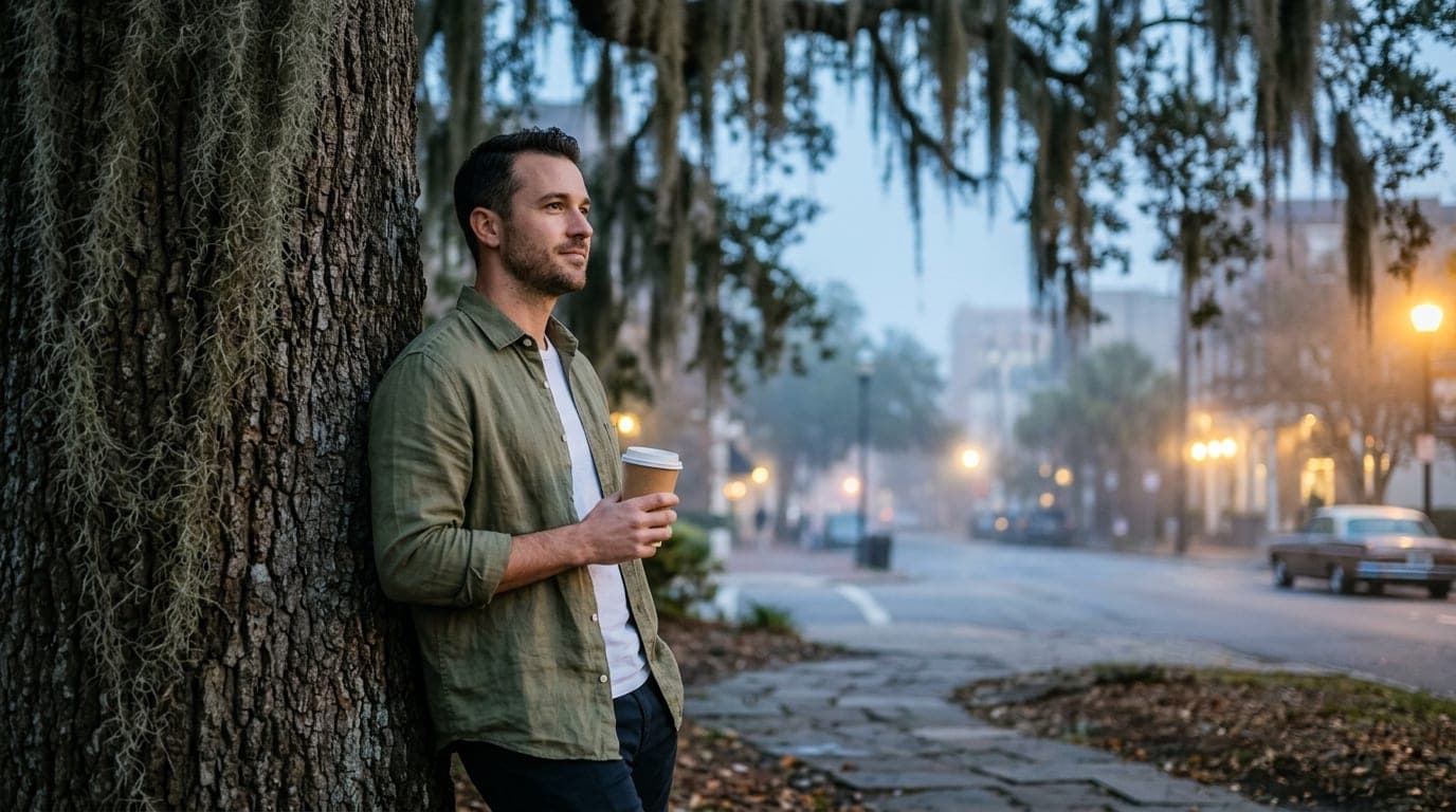 Low-angle hero shot, 85mm. A man in a linen shirt leans against an oak tree in Midtown, holding a paper coffee cup. Blurre...