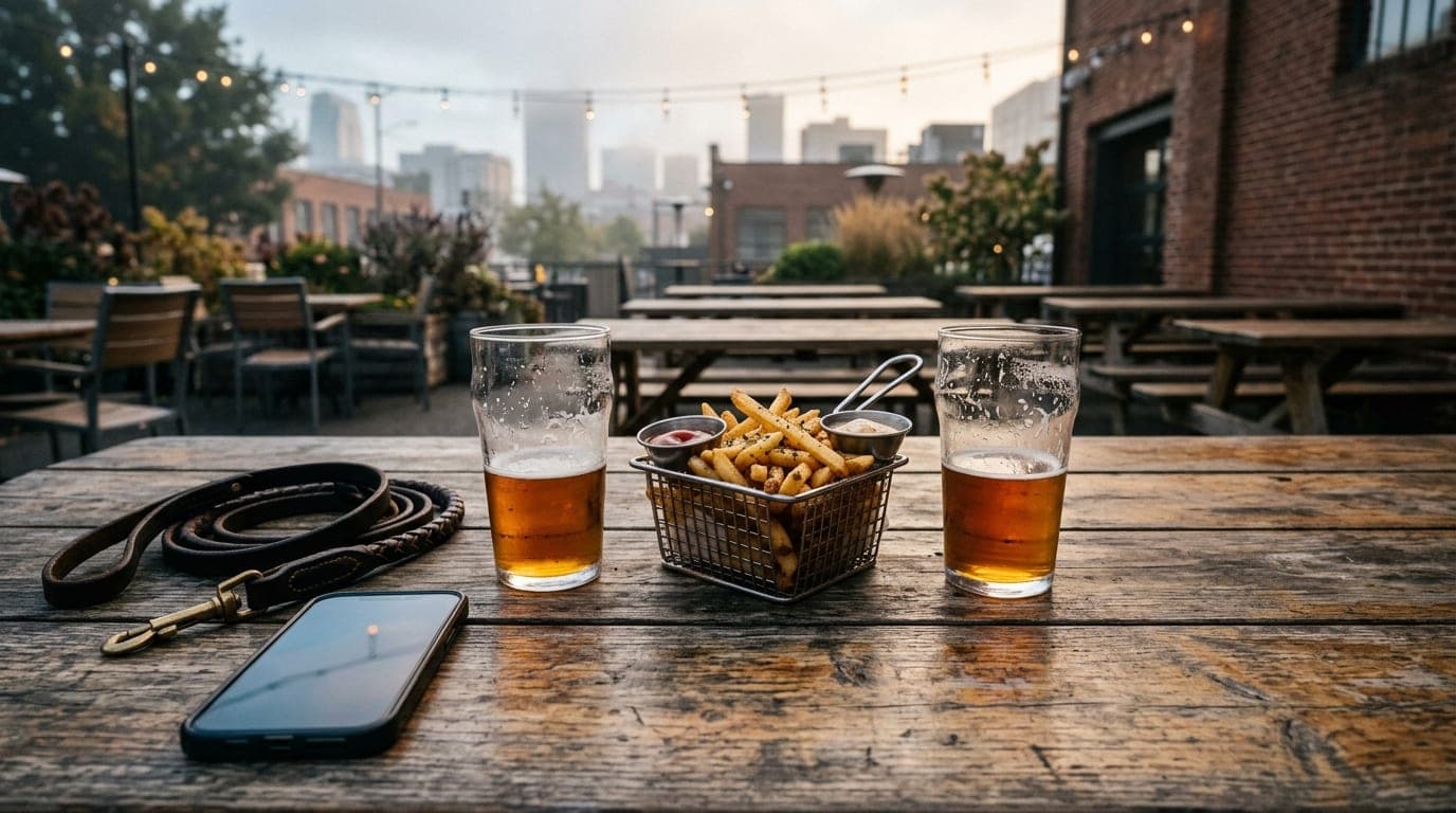 An overhead flat-lay shot on a rustic wooden picnic table at a brewery. Two half-empty local craft beer glasses sit beside...