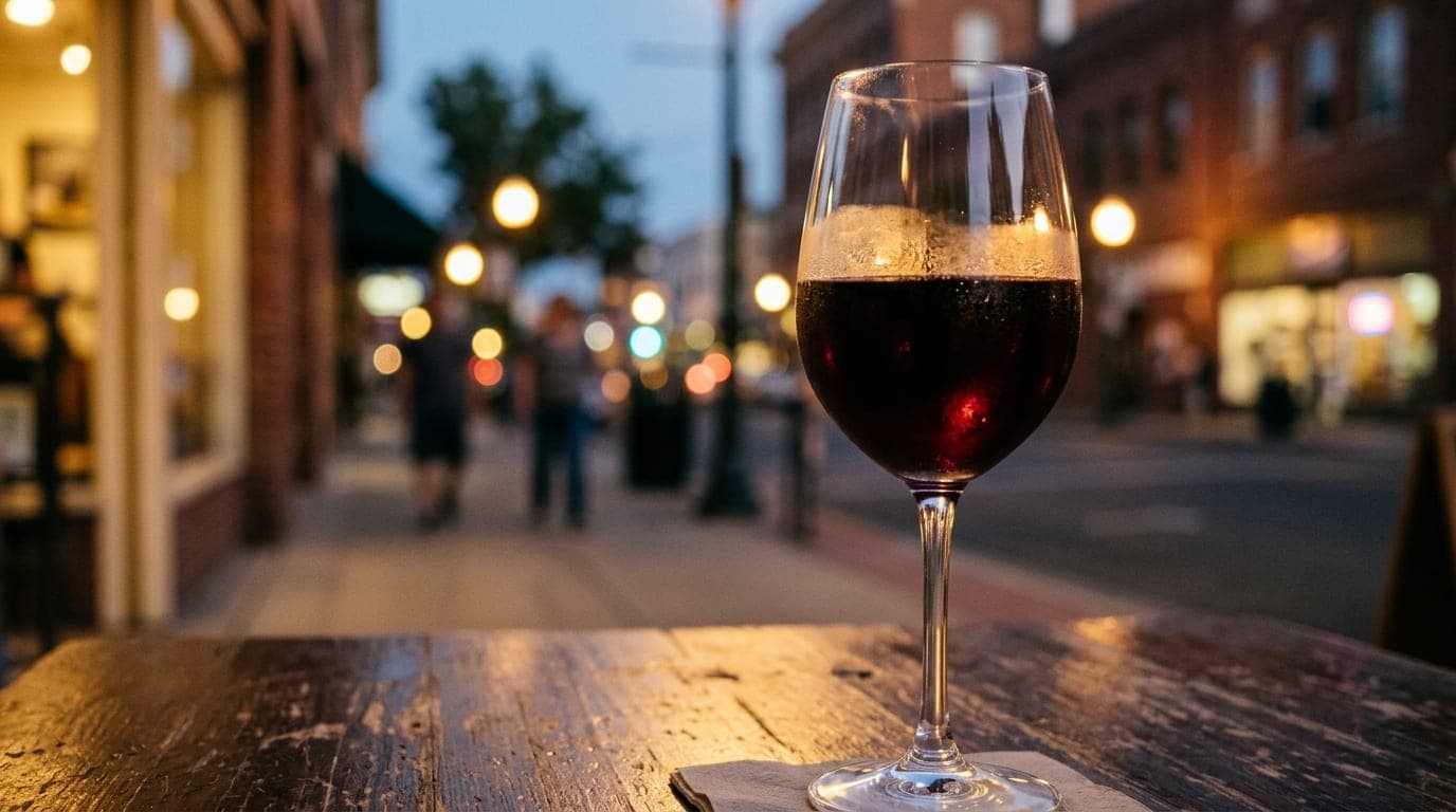A 100mm macro shot captures a chilled glass of Lodi red wine resting on a rustic cafe table at Camp 4, with a blurry Modes...