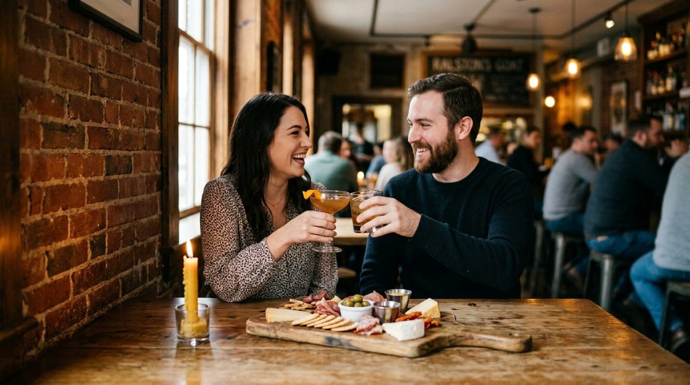 Medium shot of a couple sharing a wooden charcuterie board at a candle-lit table inside Ralston’s Goat, framed by exposed...