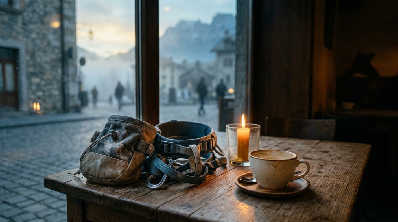 A medium shot of a climbing harness and a chalk bag resting on a café table next to a half-finished latte, soft warm candl...