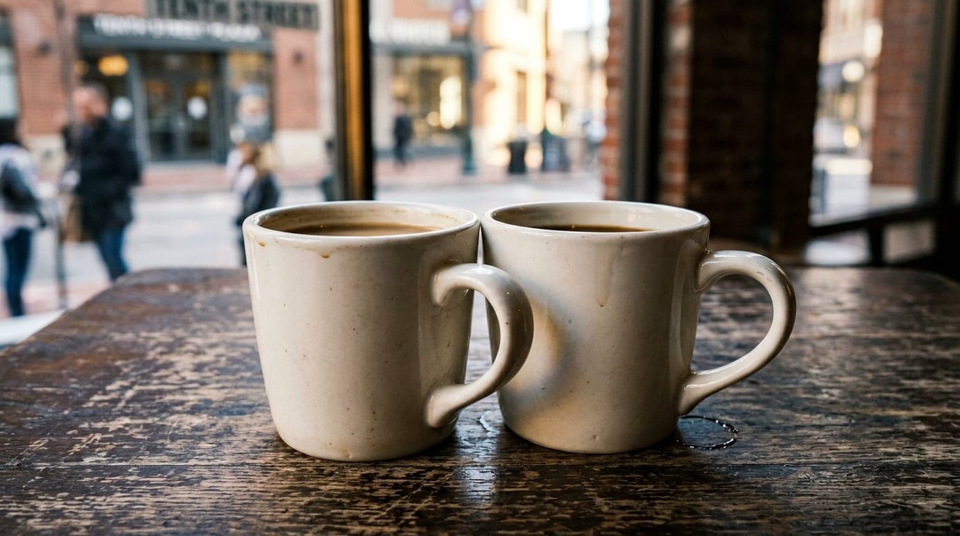 A close-up, 100mm macro shot of two porcelain coffee mugs resting on a weathered bistro table at Barkin' Dog, bathed in cr...