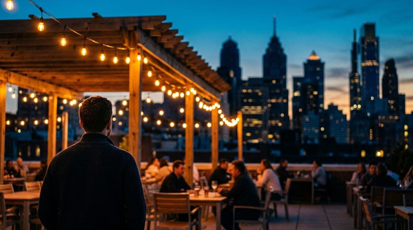 An 85mm shot captures the glowing, warm string lights of Tenth Street Plaza’s outdoor seating area at blue hour, offset le...