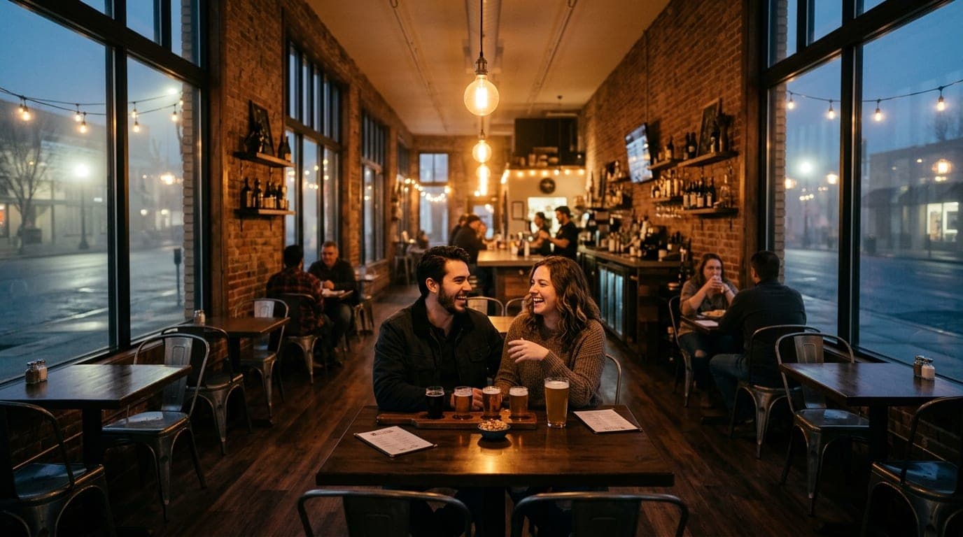 A wide, symmetric shot inside a brick-walled downtown Modesto cafe at night. A couple sits at a rustic table, sharing a cr...