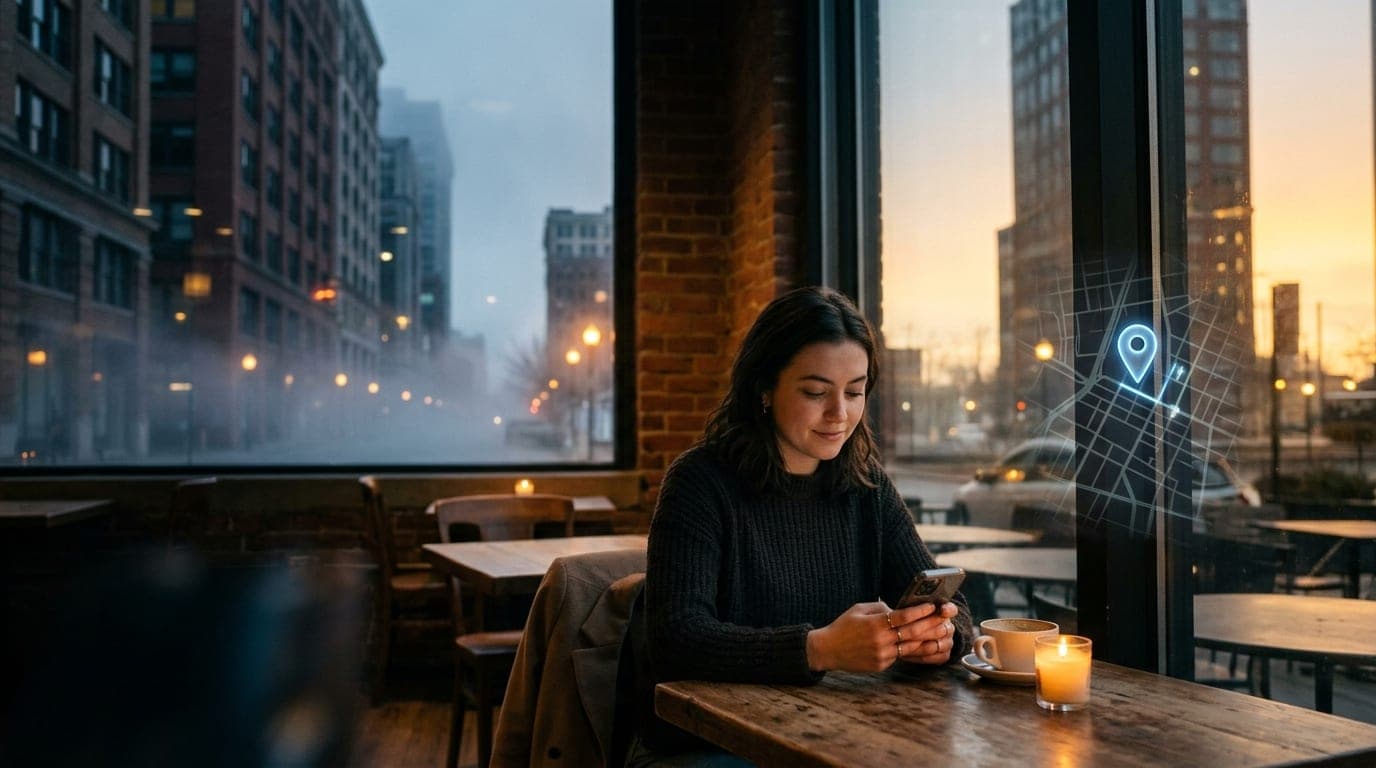 A woman sits at a brightly lit corner table inside a downtown coffee shop, checking her phone. A glowing live location pin...