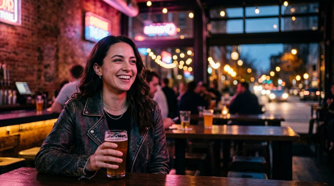 An 85mm portrait with shallow depth of field captures a woman in a casual leather jacket smiling, holding a craft beer ins...