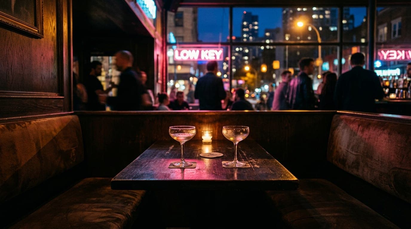 A centered, wide-angle shot of a dimly lit booth at Low Key. Two half-empty vintage coupe glasses sit on the dark wood tab...