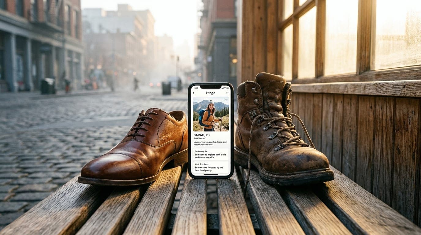 A polished leather dress shoe rests beside a rugged hiking boot on a sun-drenched wooden bench. A smartphone screen displa...