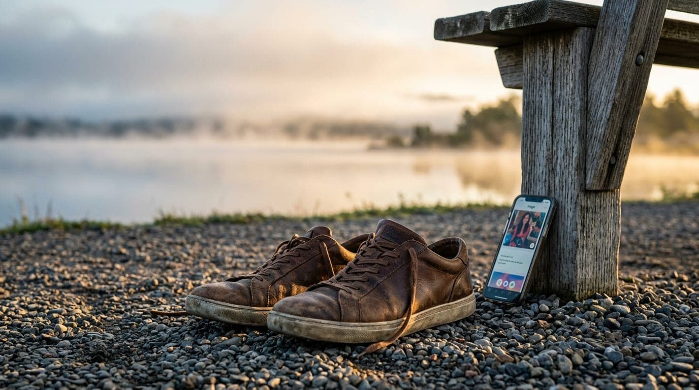 A pair of worn leather sneakers rest on a gravel path at Lake Lowell during golden hour. A smartphone with a Hinge profile...