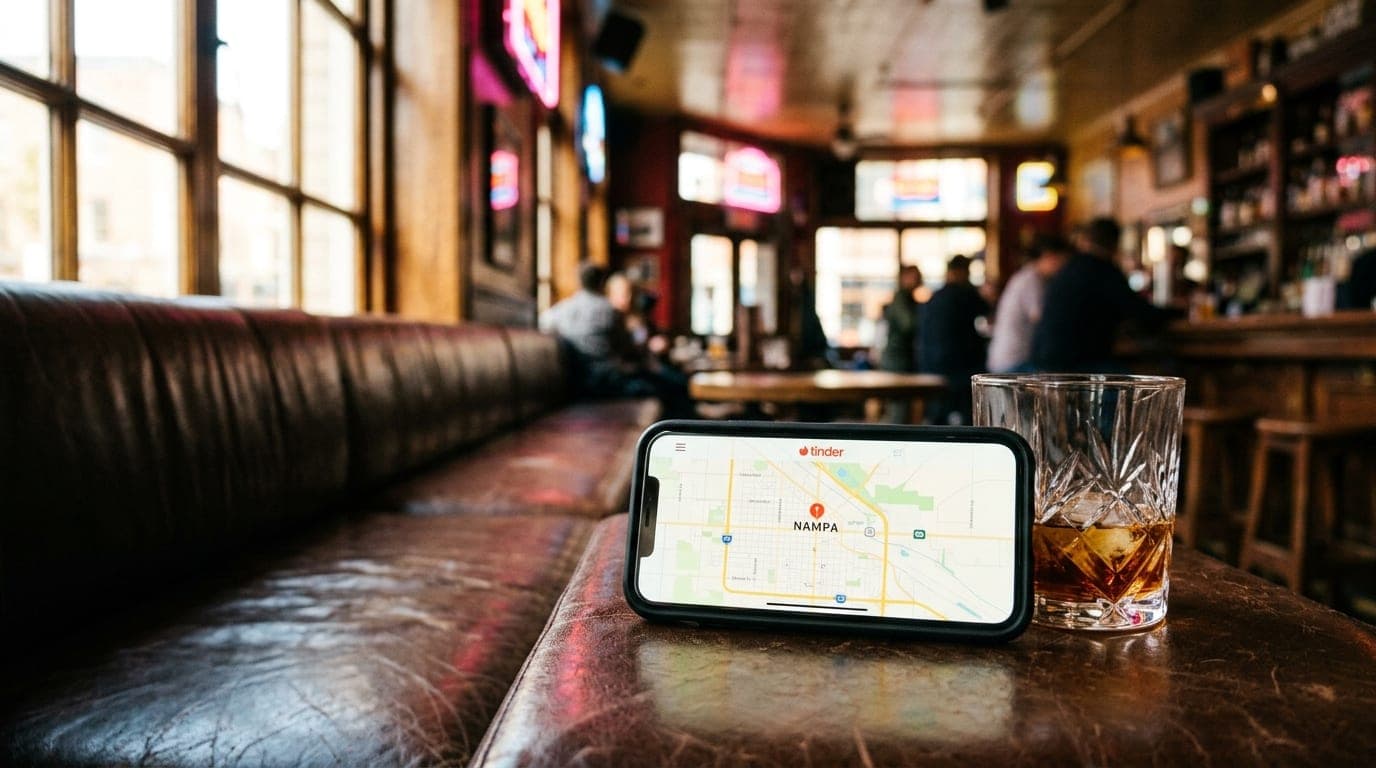 A smartphone displays a Tinder profile map centered on Nampa, resting on a leather booth seat beside a half-empty whiskey...