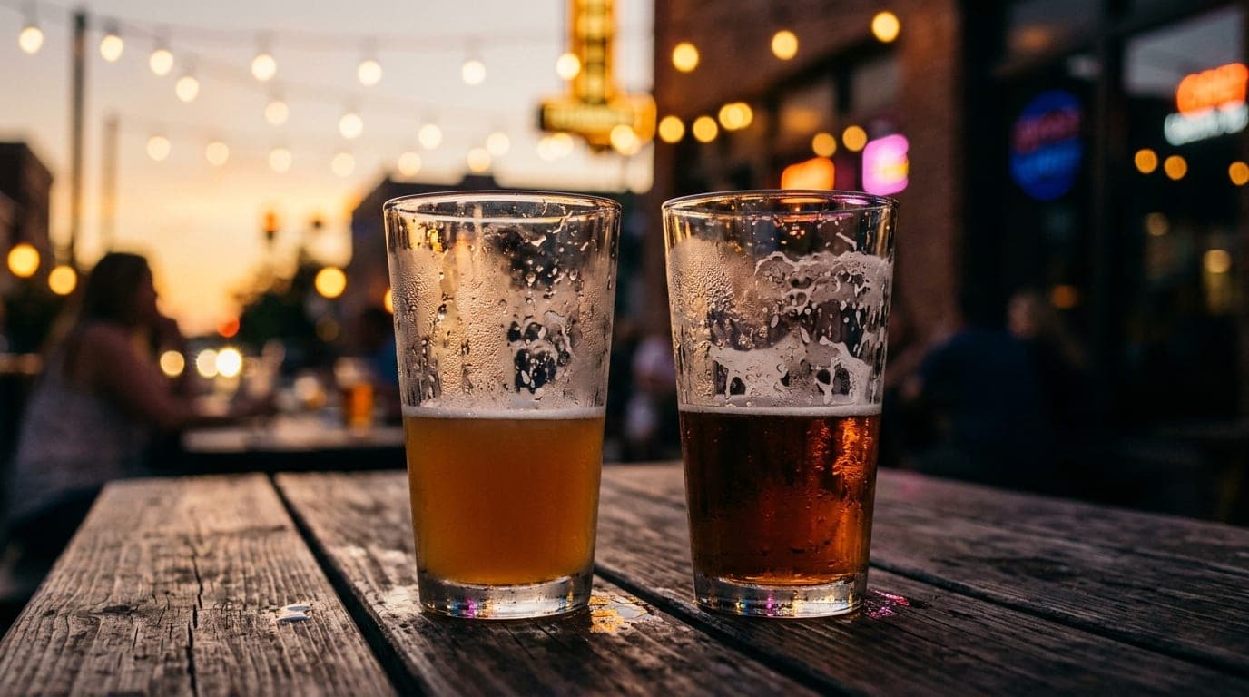 100mm macro, extreme close-up of two half-filled craft beer glasses sweating condensation on a rustic wooden tabletop, wit...