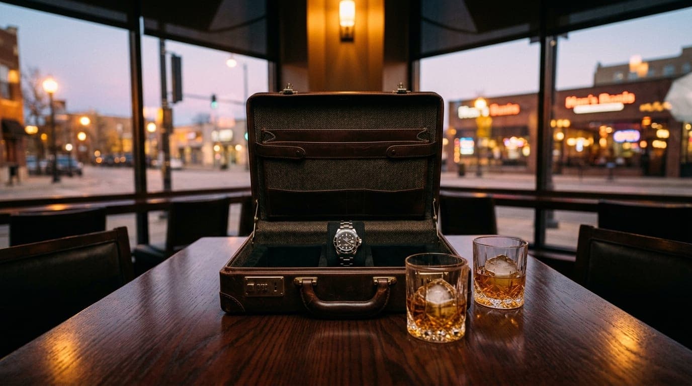 A 24mm wide-angle, centered symmetric shot of a dimly lit, high-end Naperville hotel bar table featuring an open leather b...