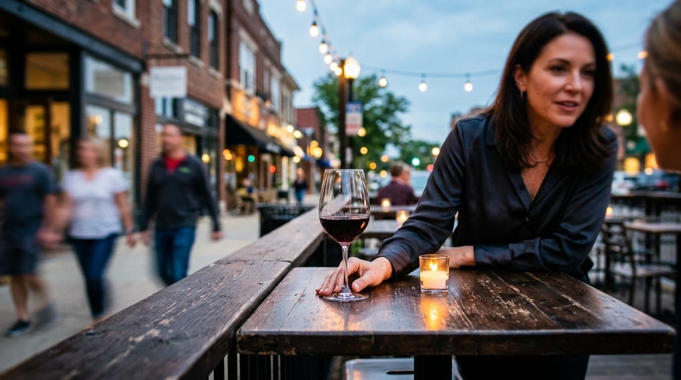 A medium shot, tilt-shift focus on a polished wine glass resting on a dark wooden bistro table at a downtown Naperville pa...