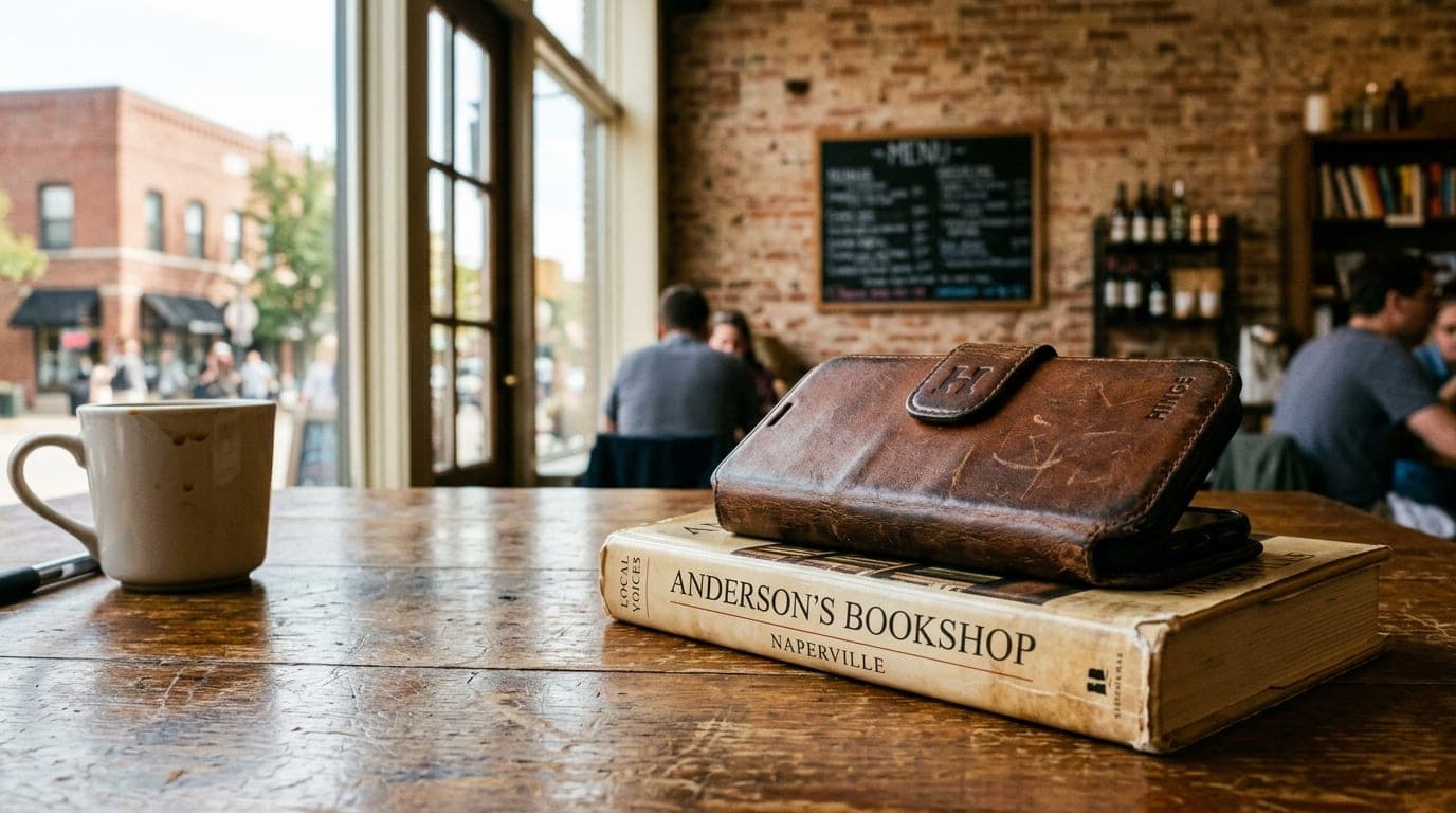 Noon natural light through a window illuminates a worn leather Hinge-branded phone case resting on an Anderson’s Bookshop...