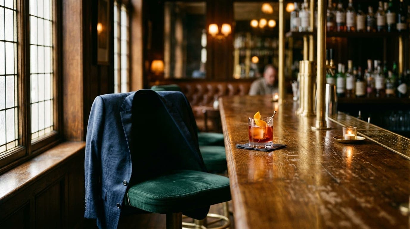 Close-up 85mm shot of a polished oak bar. A single designer silk blazer is draped over a velvet stool next to an untouched...
