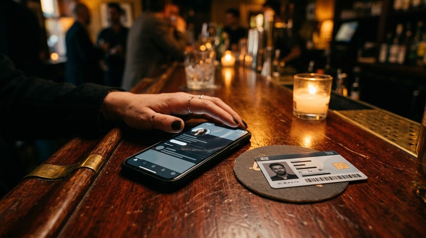 Extreme macro shot at 24mm. On a dimly lit mahogany bar, a hand rests near a smartphone showing a LinkedIn profile, alongs...