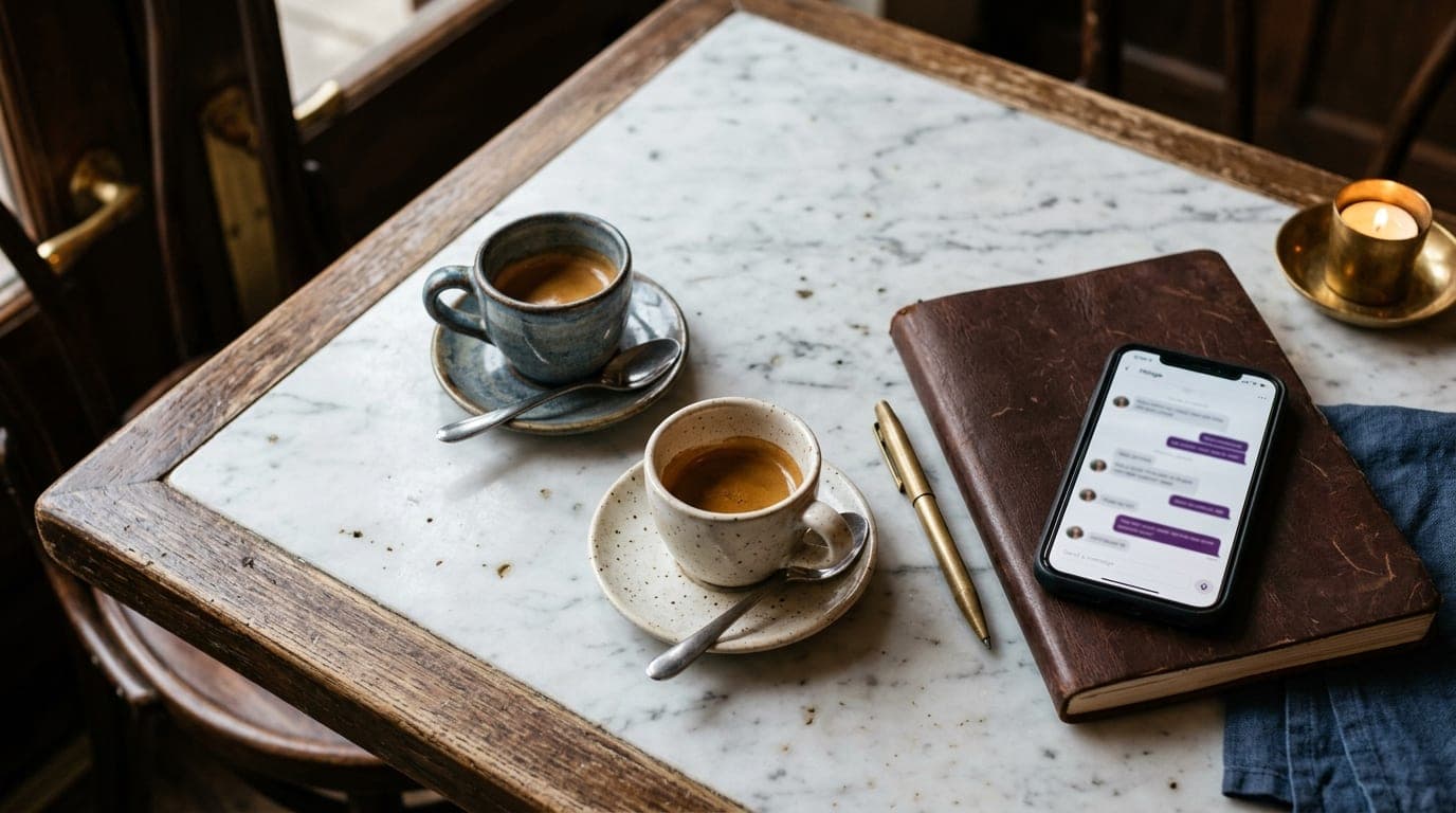 An overhead flat-lay shot of a marble bistro table at Crema. Two ceramic espresso cups sit beside a leather-bound notebook...